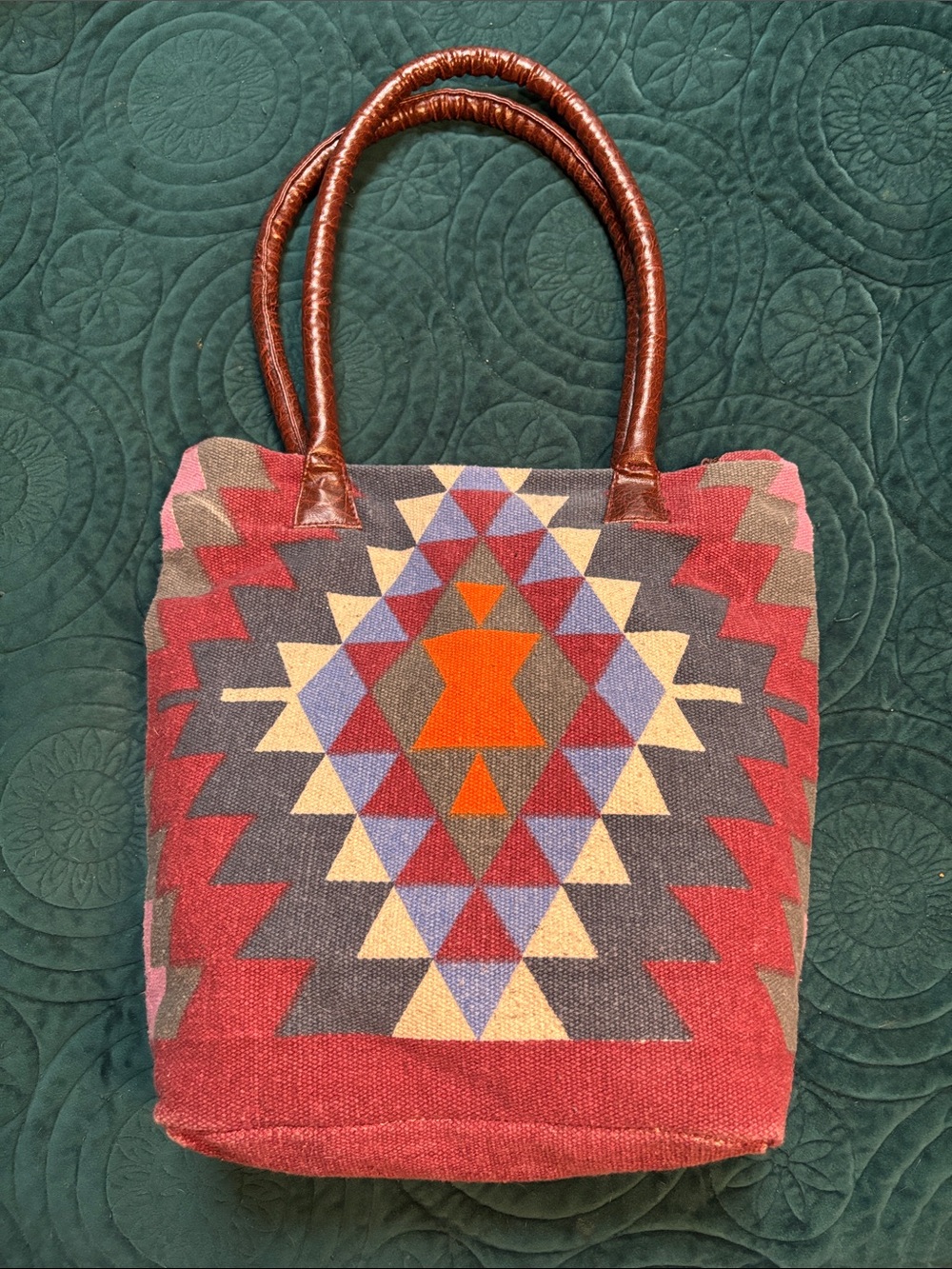 Southwest Pattern Red Tote with Brown Leather Handles